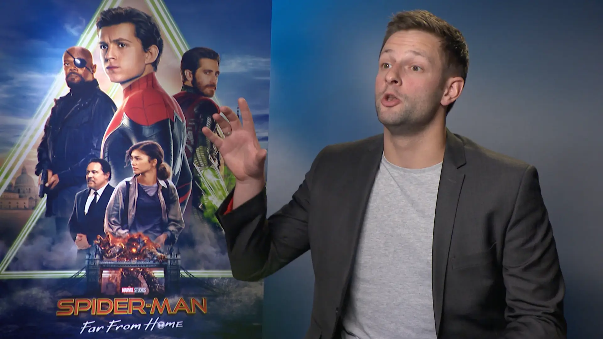 Entertainment presenter Lewis Mason at the press junket for Spider-Man Far From Home