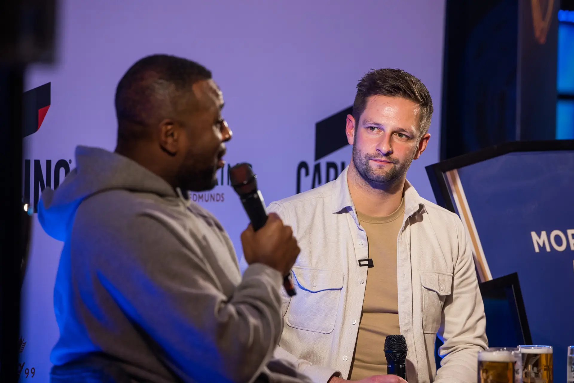 Lewis Mason interviews Wes Morgan at Leicester City Local Legends event with Carling Lewis Mason interviews Wes Morgan at Leicester City Local Legends event with Carling
